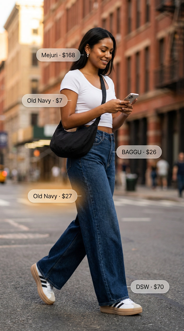 Urban Explorer Summer Jeans & Sneakers 2026 Urban explorer summer jeans and sneakers outfit for women 2026 featuring dark wash high-waisted wide-leg jeans, a black ribbed crop top, white platform sneakers with black accents, and silver chunky hoops, perfect for city exploration.