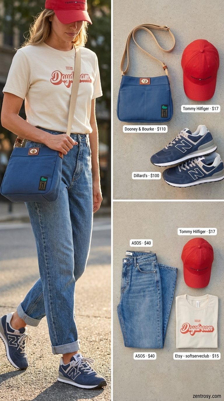 Vintage Americana Summer Jeans & Sneakers 2026 Vintage Americana summer jeans and sneakers outfit for women 2026 with medium wash mom jeans, a cream vintage graphic tee, retro suede and mesh sneakers, and a red baseball cap, great for a casual day out.