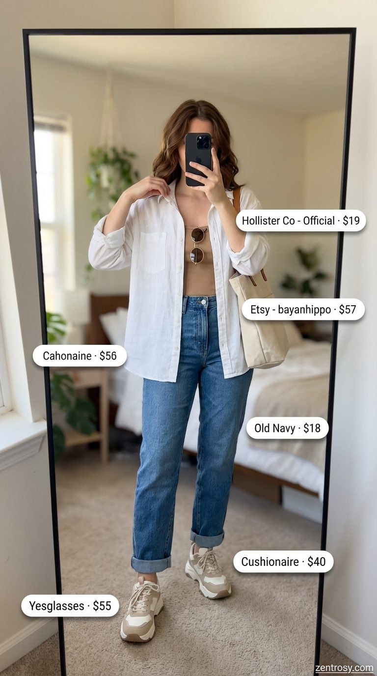 Weekend Wanderer: Summer Jeans & Sneakers Outfit 2026 Relaxed summer jeans and sneakers outfit for women 2026 featuring a white linen shirt, distressed boyfriend jeans, and chunky tan platform sneakers, perfect for weekend errands.