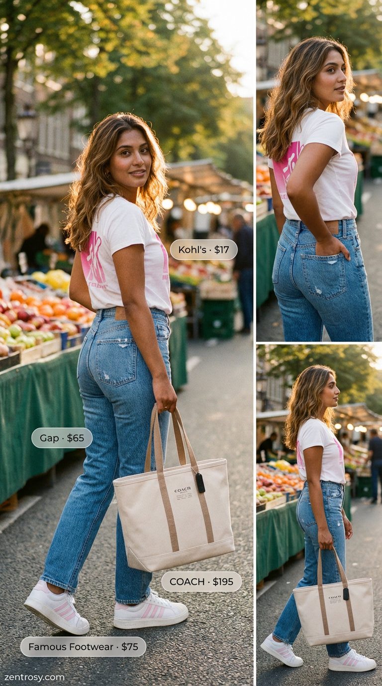 Playful Weekend Summer Jeans & Sneakers 2026 Playful weekend wanderer summer jeans and sneakers outfit for women 2026 with medium wash distressed straight-leg jeans, a white graphic tee with pink print, and chunky white sneakers.