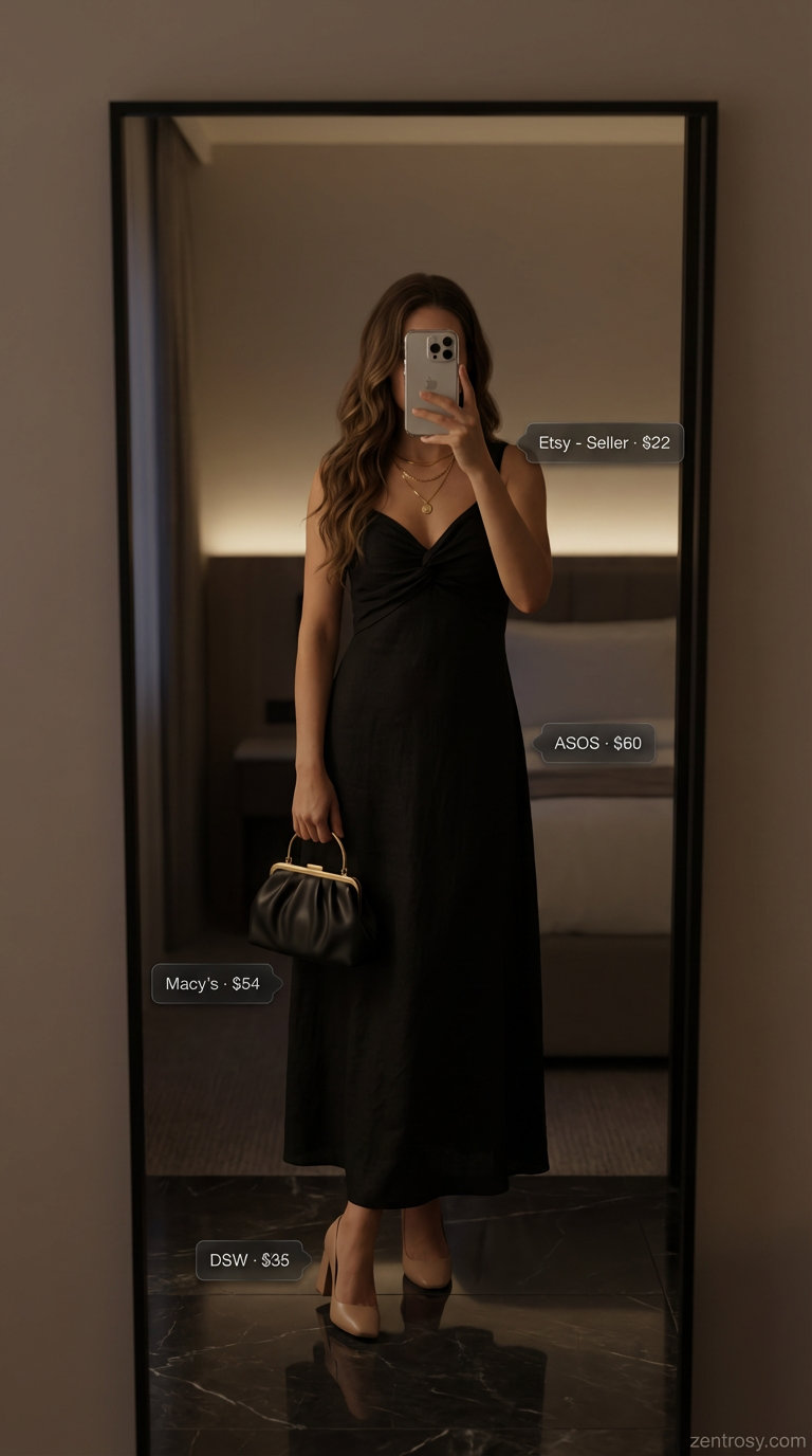 Elegant black linen blend maxi dress, a chic summer linen outfit for women 2026. Perfect for date night with nude block heels, layered gold necklaces, and a clutch.