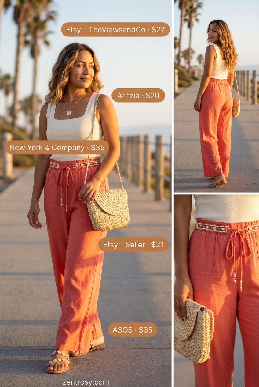 A bohemian summer linen outfit for women 2026, with terracotta wide-leg linen pants, a cream knit tank top, embellished flat sandals, and a round straw bag for beach or outdoor gatherings.