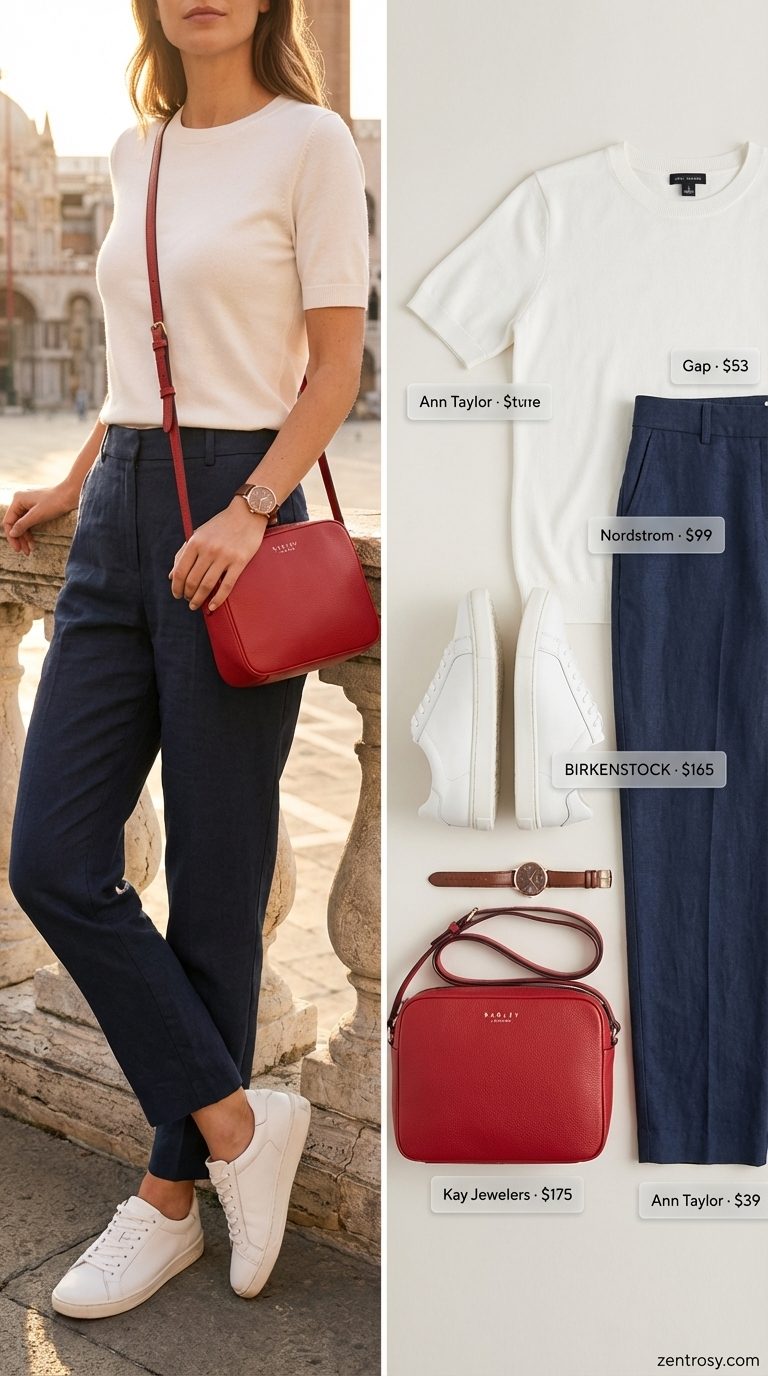 A polished summer linen outfit for women 2026, with navy tailored linen blend pants, a white knit top, white low-top sneakers, and a vibrant red crossbody bag, ideal for city exploration.