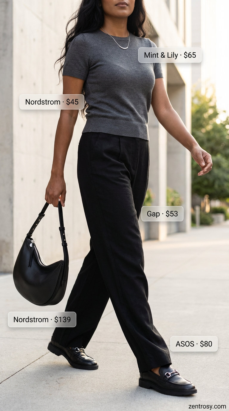 A polished summer linen outfit for women 2026, featuring black tailored linen trousers, a charcoal grey knit sweater, leather loafers, and a structured leather shoulder bag, suitable for city errands.