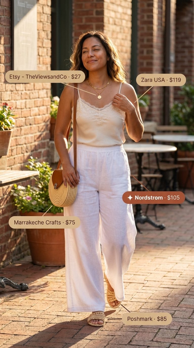 An effortless summer linen outfit for women 2026, showcasing crisp white wide-leg linen pants, a cream lace-trim camisole, woven slide sandals, and a round straw crossbody bag, perfect for brunch.
