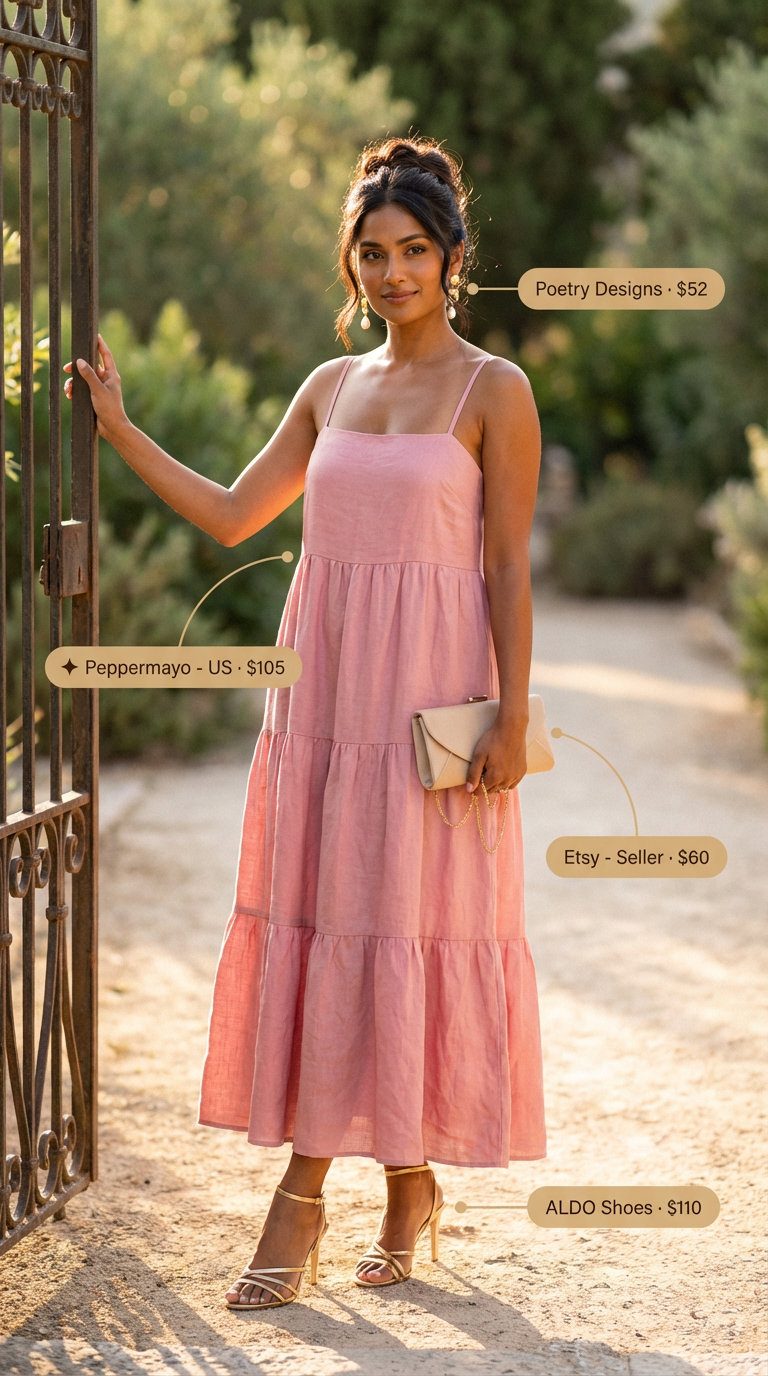 Vibrant coral linen maxi dress, an elegant summer linen outfit for women 2026, perfect for a garden party paired with gold heels and pearl earrings.