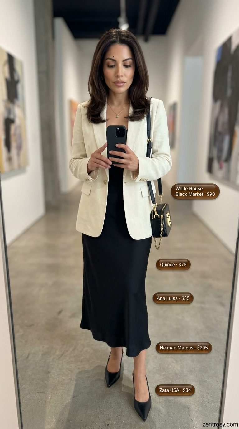 Polished cream linen blend blazer over a black silk slip dress, a chic summer linen outfit for women 2026, perfect for an art gallery opening with kitten heels.