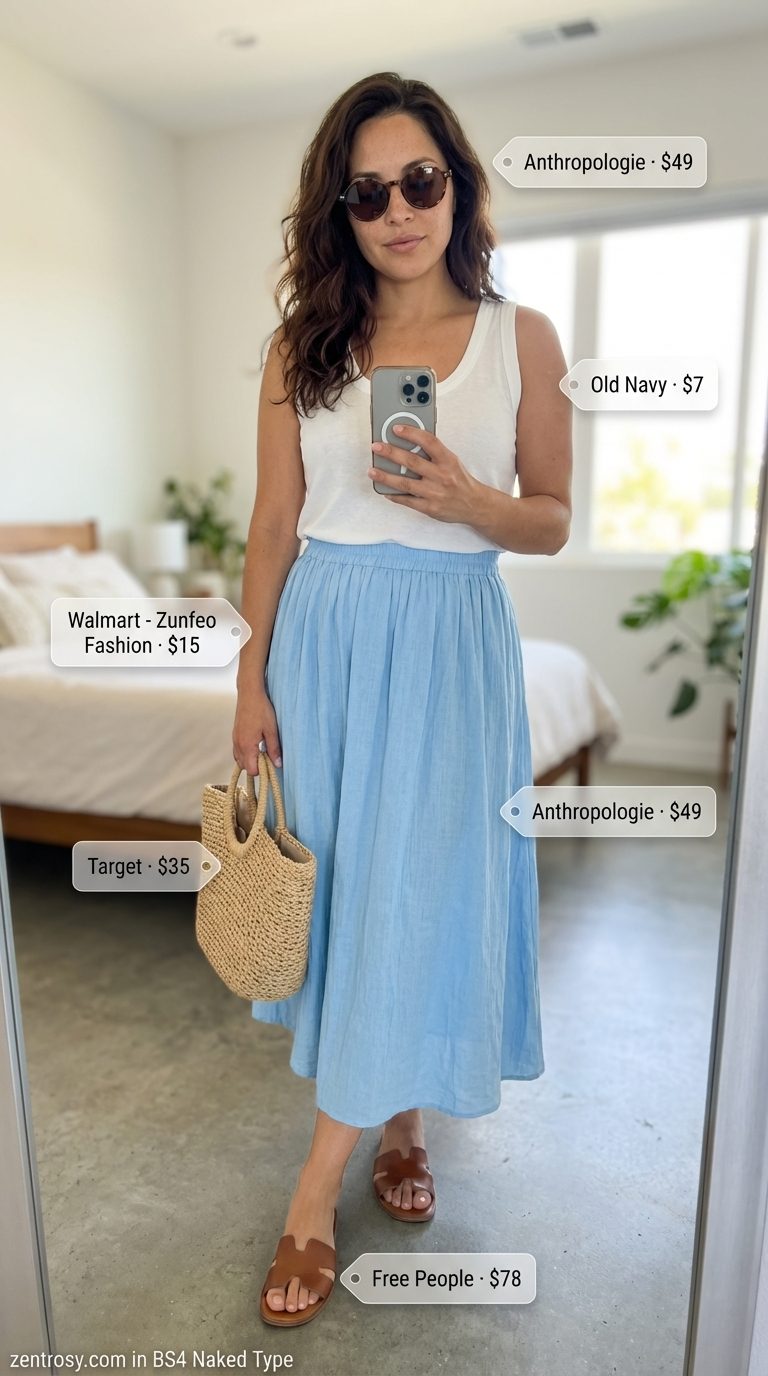 A relaxed summer linen outfit for women 2026, featuring a sky blue A-line midi skirt, white tank top, brown slide sandals, and a large straw tote bag for casual lakeside leisure or a picnic.