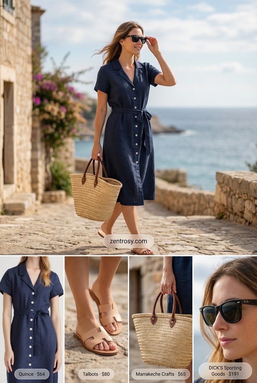 An elegant navy blue linen shirt dress, white leather slides, and a large straw tote bag create a relaxed summer linen outfit for women 2026, ideal for a Mediterranean escape.