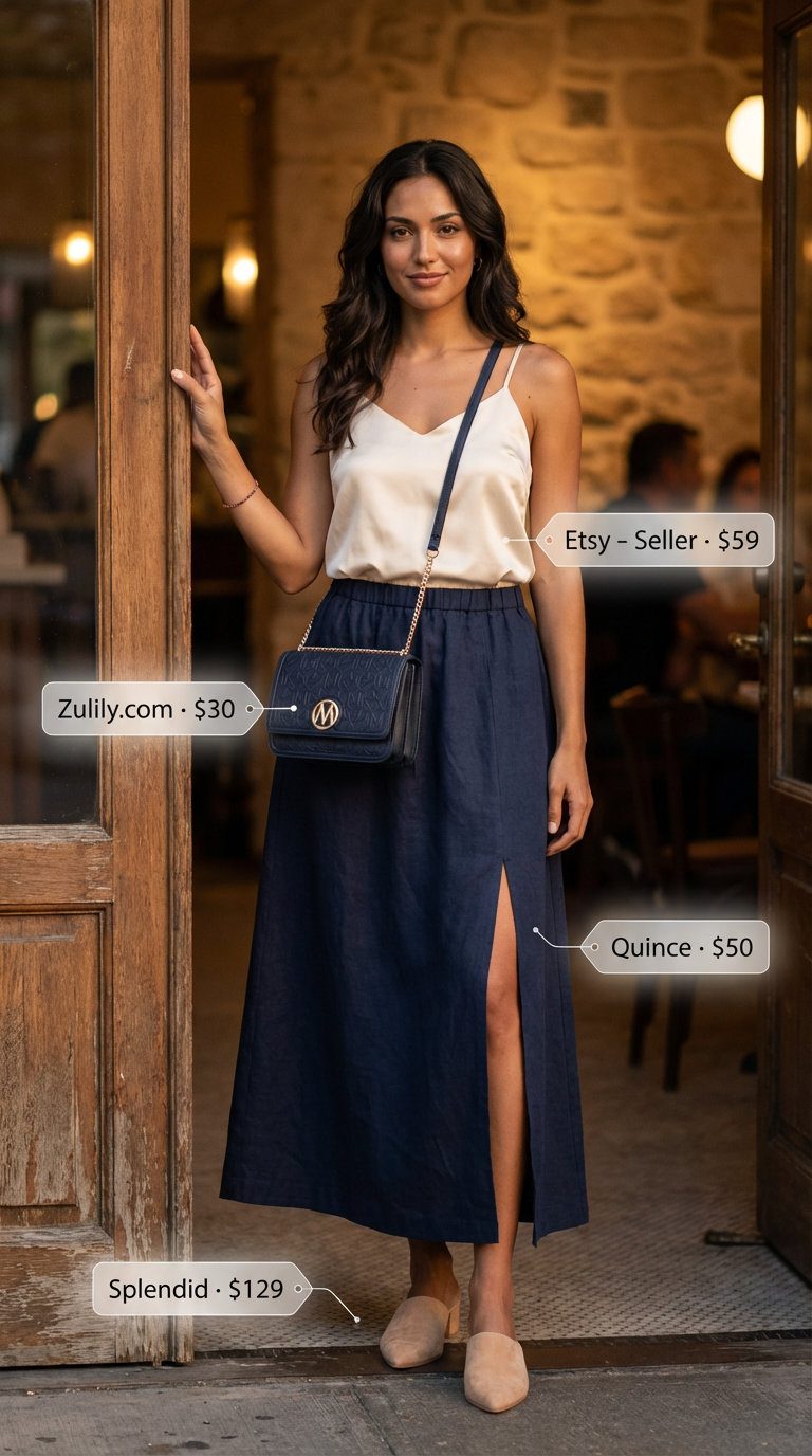 Sophisticated navy linen midi skirt paired with a cream silk camisole defines this summer linen outfit for women 2026, ideal for dinner dates with gold details.