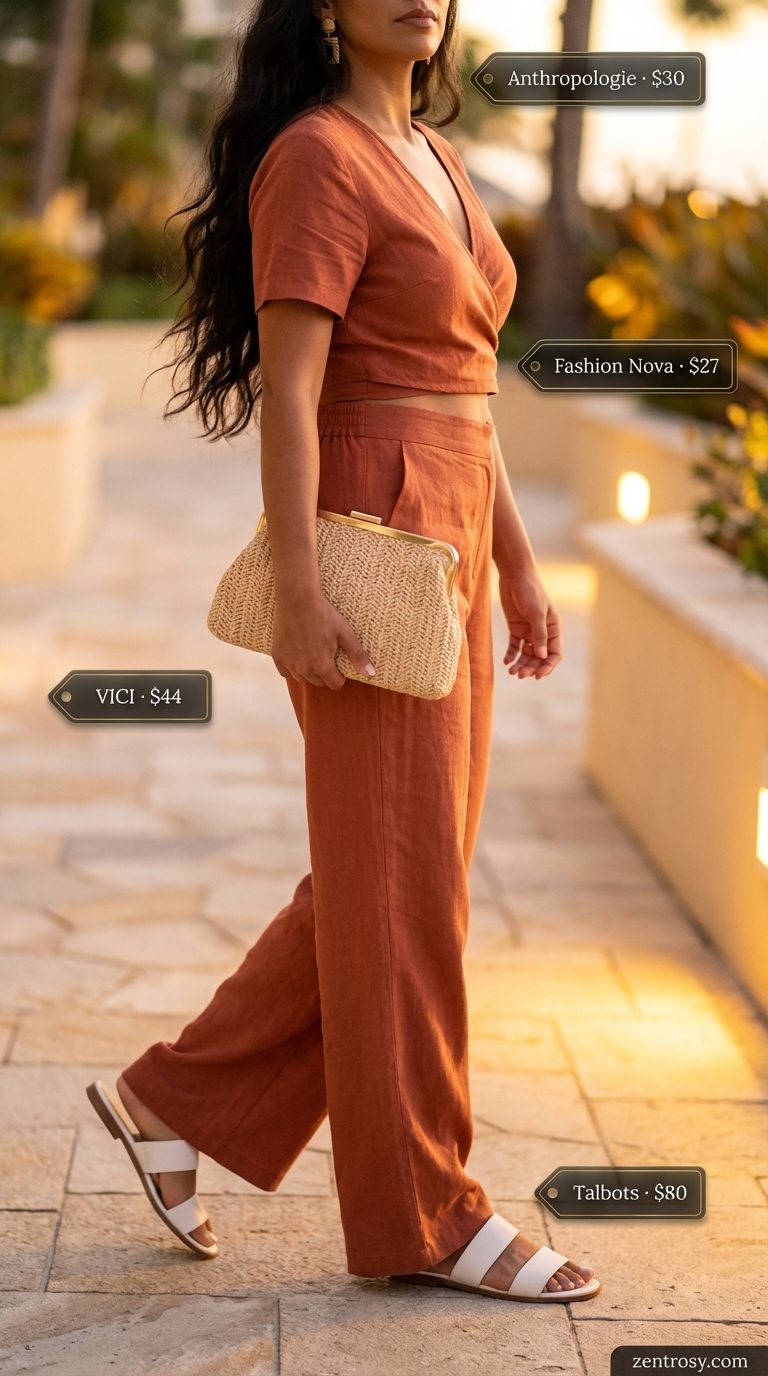 A sophisticated summer linen outfit for women 2026, showcasing a terracotta linen blend two-piece set (cropped shirt and wide-leg pants), flat slide sandals, and bold gold earrings for an evening resort look.
