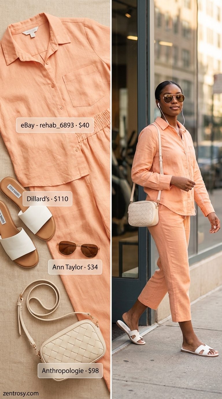 Luxurious peach linen blend matching set; cropped shirt & wide-leg pants. Ideal summer linen outfit for women 2026 for resort lounge days with gold aviators.