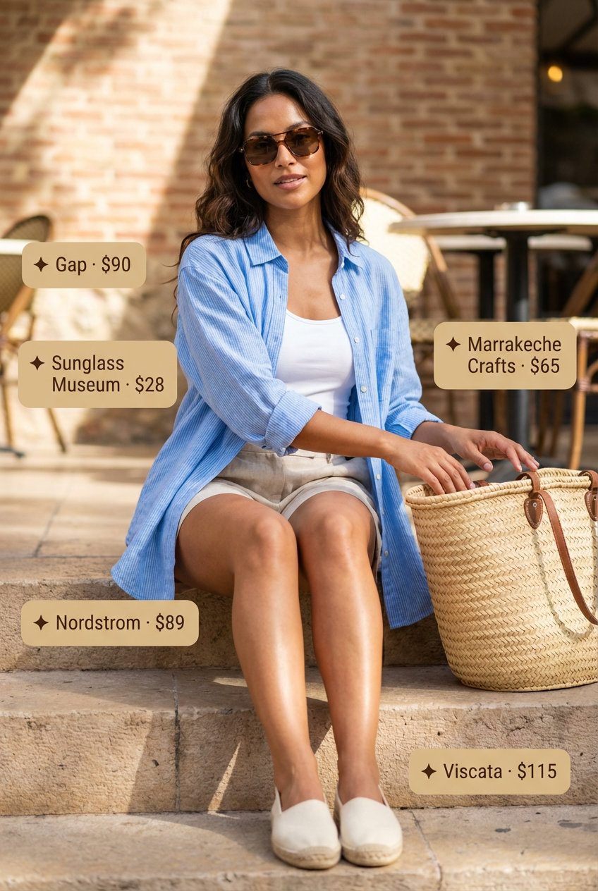 A sophisticated summer linen outfit for women 2026, featuring an oversized striped linen button-down shirt, white tailored linen shorts, espadrille flats, and a woven straw tote for a Riviera escape.