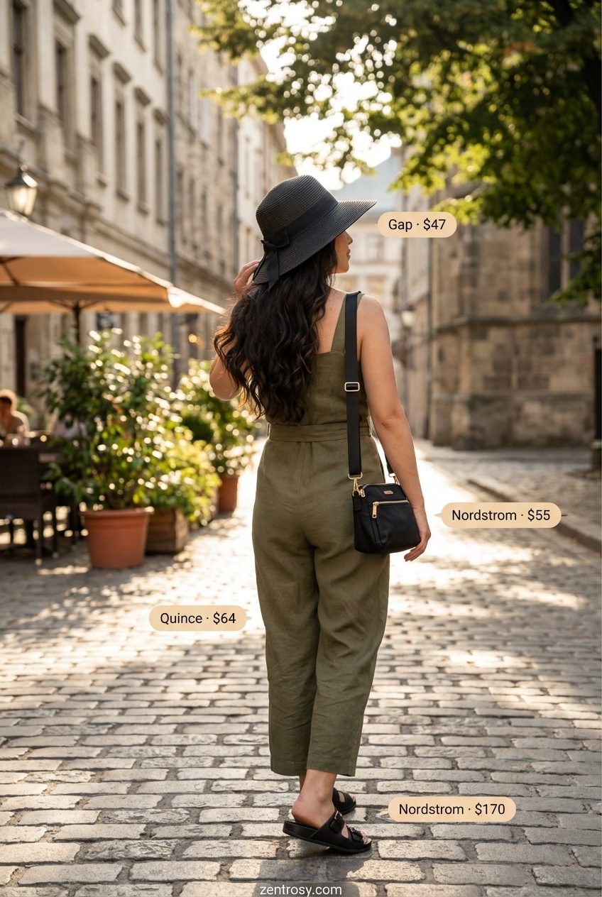 An adventurous olive green linen blend utility jumpsuit, black flat sandals, and a wide-brim straw hat create a sophisticated summer linen outfit for women 2026, ideal for travel.