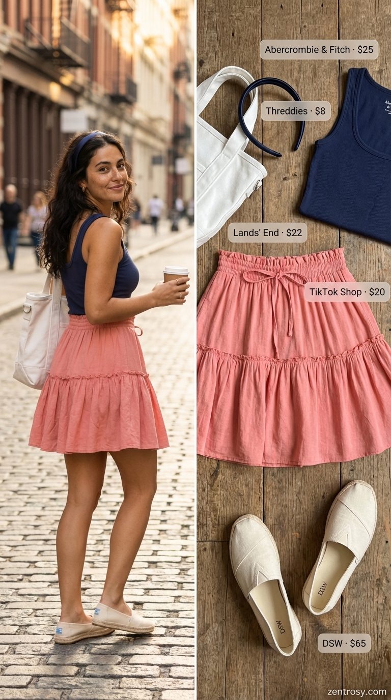 Playful natural linen tiered mini skirt with a navy ribbed tank, a cute summer linen outfit for women 2026, styled for a weekend market with espadrilles.