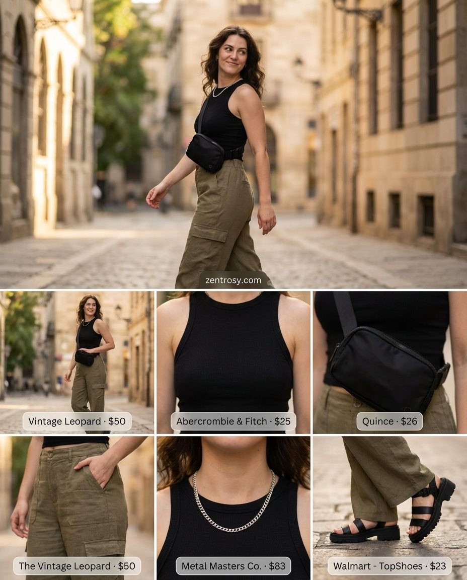 A trendy summer linen outfit for women 2026 featuring khaki green linen cargo pants, a black ribbed crop top, and chunky platform sandals, suitable for urban exploration.