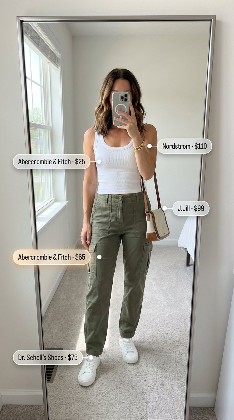 A stylish summer linen outfit for women 2026 featuring olive green linen cargo pants, a white ribbed tank top, and white sneakers for a casual city adventure. Gold jewelry and a tan crossbody complete the look.