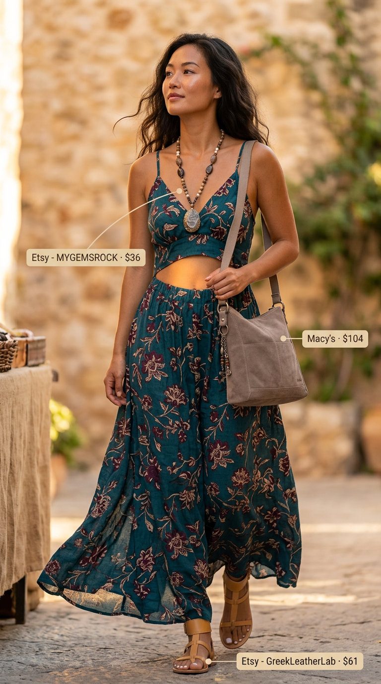 Bohemian Maxi Dress & Linen Vibes 2026 Bohemian summer maxi dress outfit. Deep teal floral dress, suede bag, leather sandals, wood necklace.