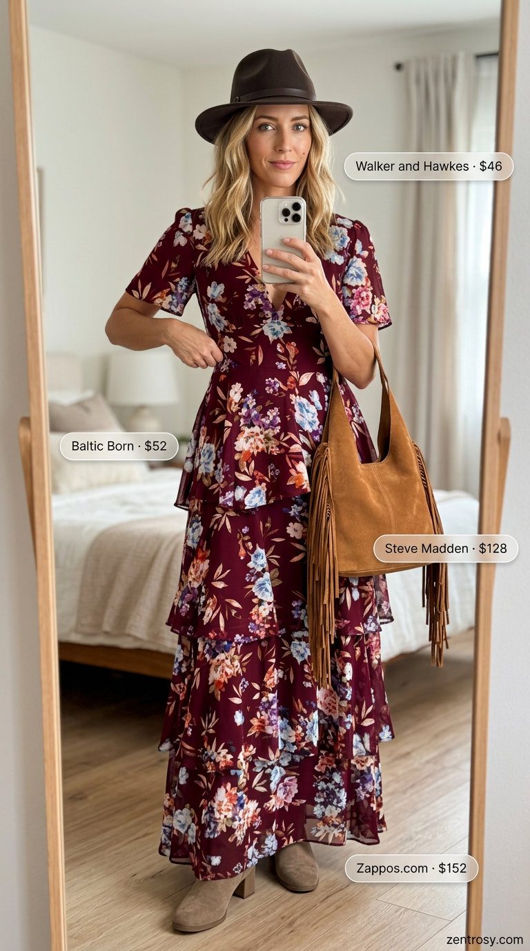 Boho Maxi Dress & Wide Leg Pants 2026 Boho maxi dress with wide leg pants outfit for women 2026. Burgundy floral dress, brown hat, tan bag, taupe boots.