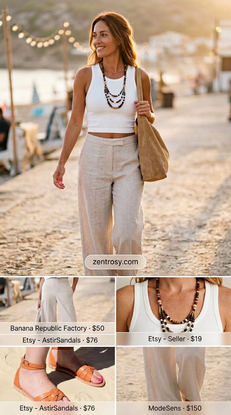 Boho Linen Pants Outfits for Women 2026 Terracotta linen wide leg pants outfit for women 2026 with white tank, suede bag & flat sandals.