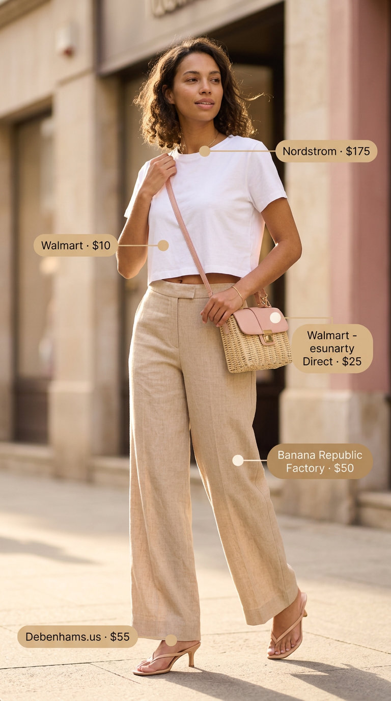 Chic Linen Culottes Ensemble 2026 Feminine summer linen wide leg pants outfits for women 2026. Blush pink pants, white crop top, straw bag.