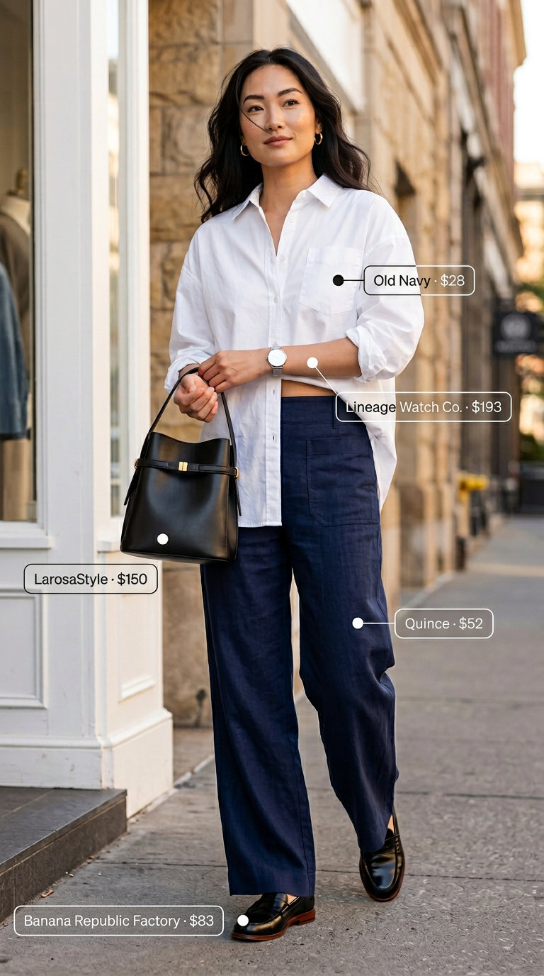 City Linen Trousers Outfits for Women 2026 Olive green linen wide leg pants outfit for women 2026 with white shirt, black loafers & tote for city.