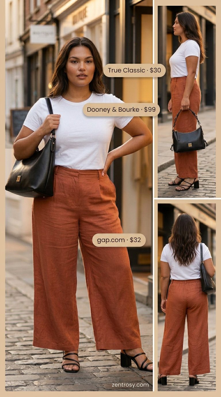 Classic Linen Wide Leg Pants 2026 Classic summer linen wide leg pants outfits for women 2026. Navy pants, white tee, black bag, block heels.