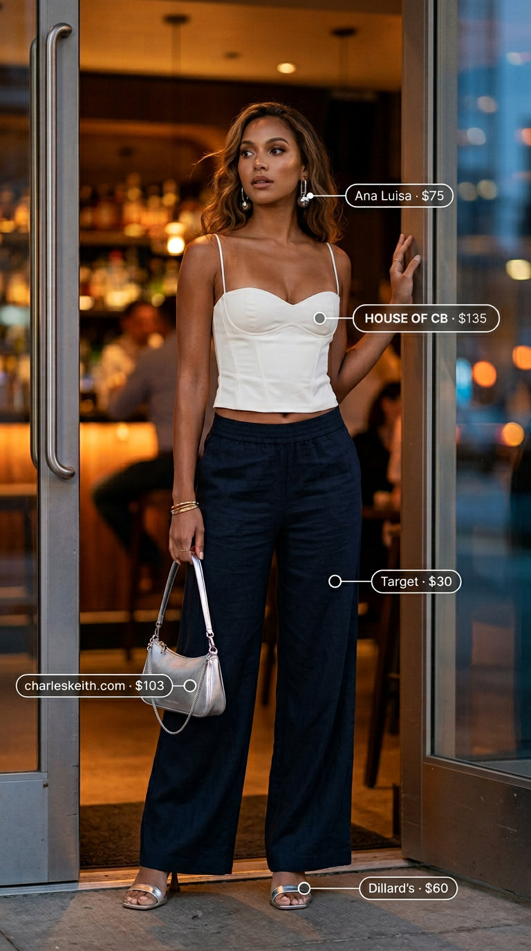 Modern Corset Top & Linen Pants 2026 Modern summer linen wide leg pants outfits for women 2026. Navy pants, white corset top, silver heels.
