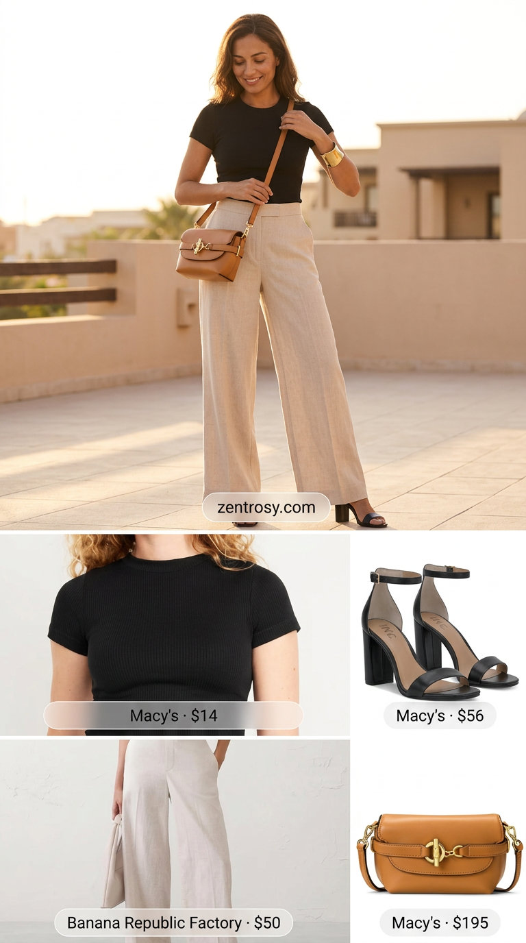 Chic Linen Culottes Outfits for Women 2026 Beige linen culottes outfit for women 2026 with black knit top, block heels & crossbody for lunch.
