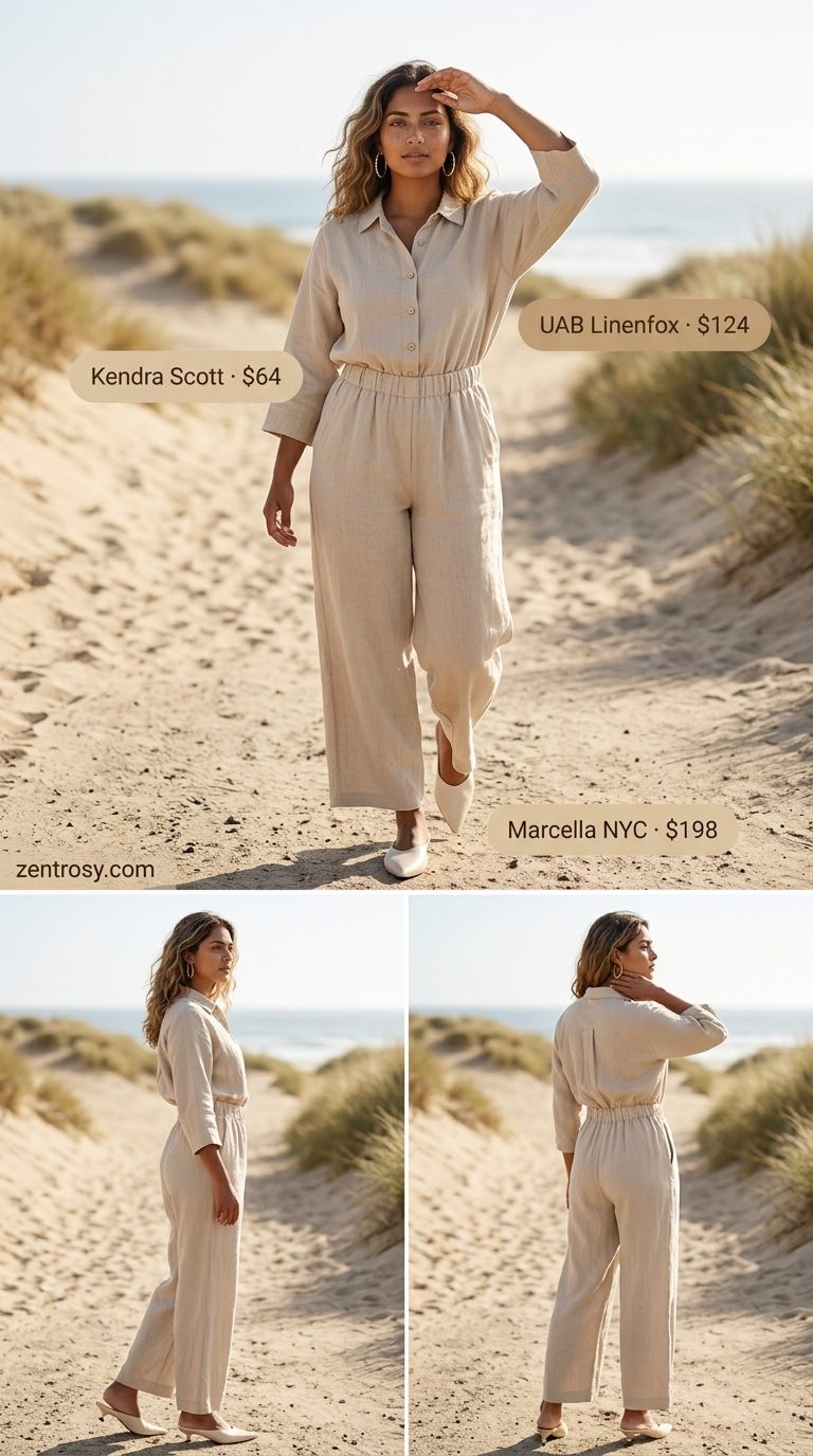 Effortless Linen Jumpsuit Outfits for Women 2026 Beige linen jumpsuit outfit for women 2026 with cream mules, gold hoops & tan bucket bag for travel.