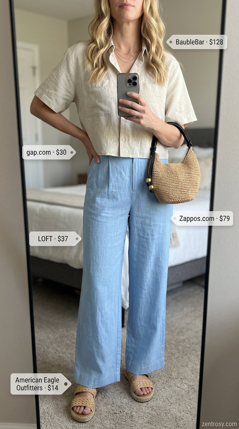 Effortless Linen Set Outfits for Women 2026 Sky blue linen wide leg pants set for women 2026 with white shirt, straw bag & espadrilles for brunch.