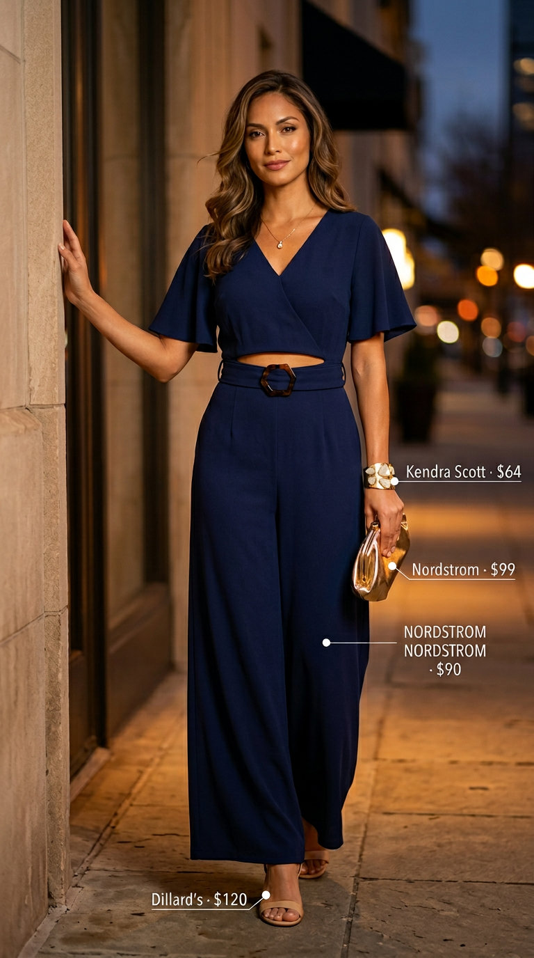 Elegant Linen Jumpsuit Outfits for Women 2026 Navy blue linen jumpsuit outfit for women 2026 with gold cuff, clutch & block heels for dinner.