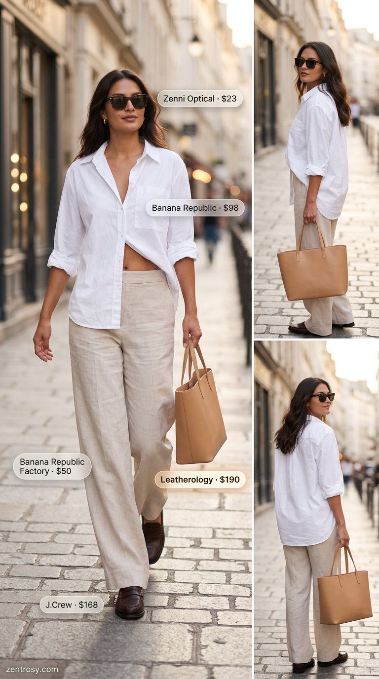 Chic City Shorts & Linen Pants 2026 Smart summer linen wide leg pants outfits for women 2026. Olive pants, white shirt, brown loafers.