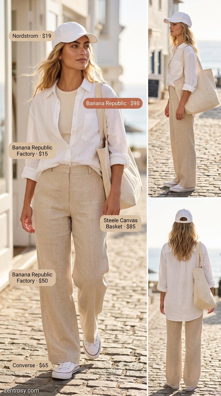 Oversized Linen Shirt Outfits for Women 2026 White oversized linen shirt outfit for women 2026 with cream tank, beige wide leg pants & sneakers.