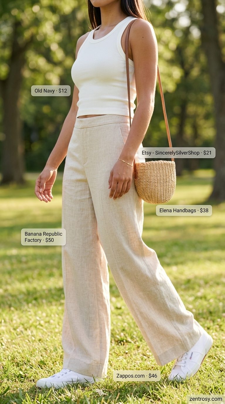 Playful Linen Shorts Set 2026 Playful summer linen wide leg pants outfits for women 2026. Yellow pants, white tank, straw bag, sneakers.