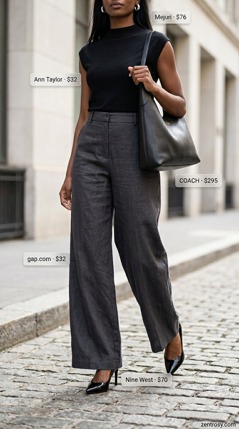 Monochromatic Linen Power Suit 2026 Powerful summer linen wide leg pants outfits for women 2026. Charcoal grey suit, black top, silver accessories.