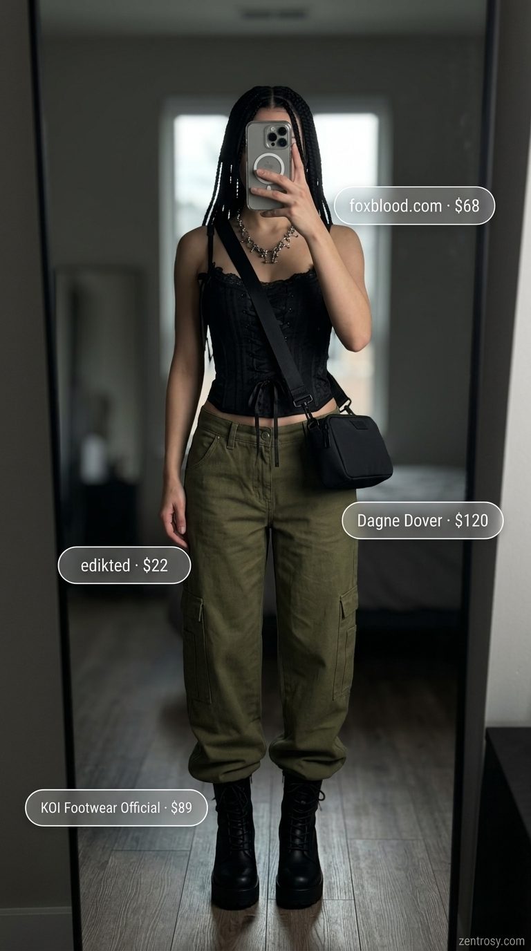 Olive green low-waist cargo trousers with corset top & combat boots. Summer low-waist trousers for women 2026.