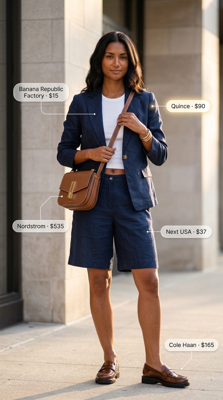 Smart casual navy linen shorts & blazer outfit for women 2026. Polished look with white tank & tan loafers.
