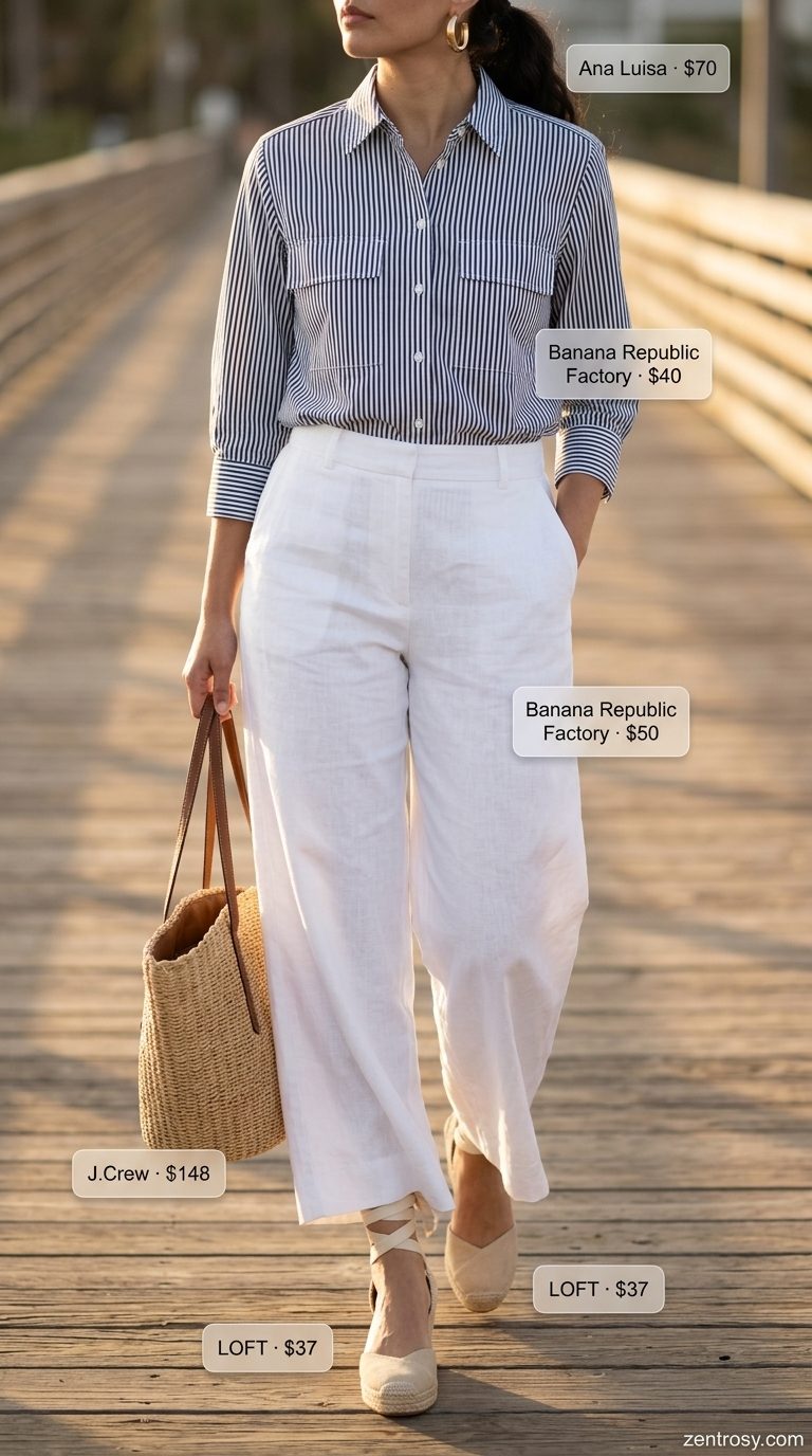 Coastal white linen high-waisted trousers outfit for women 2026. Vacation style with striped shirt & straw tote.
