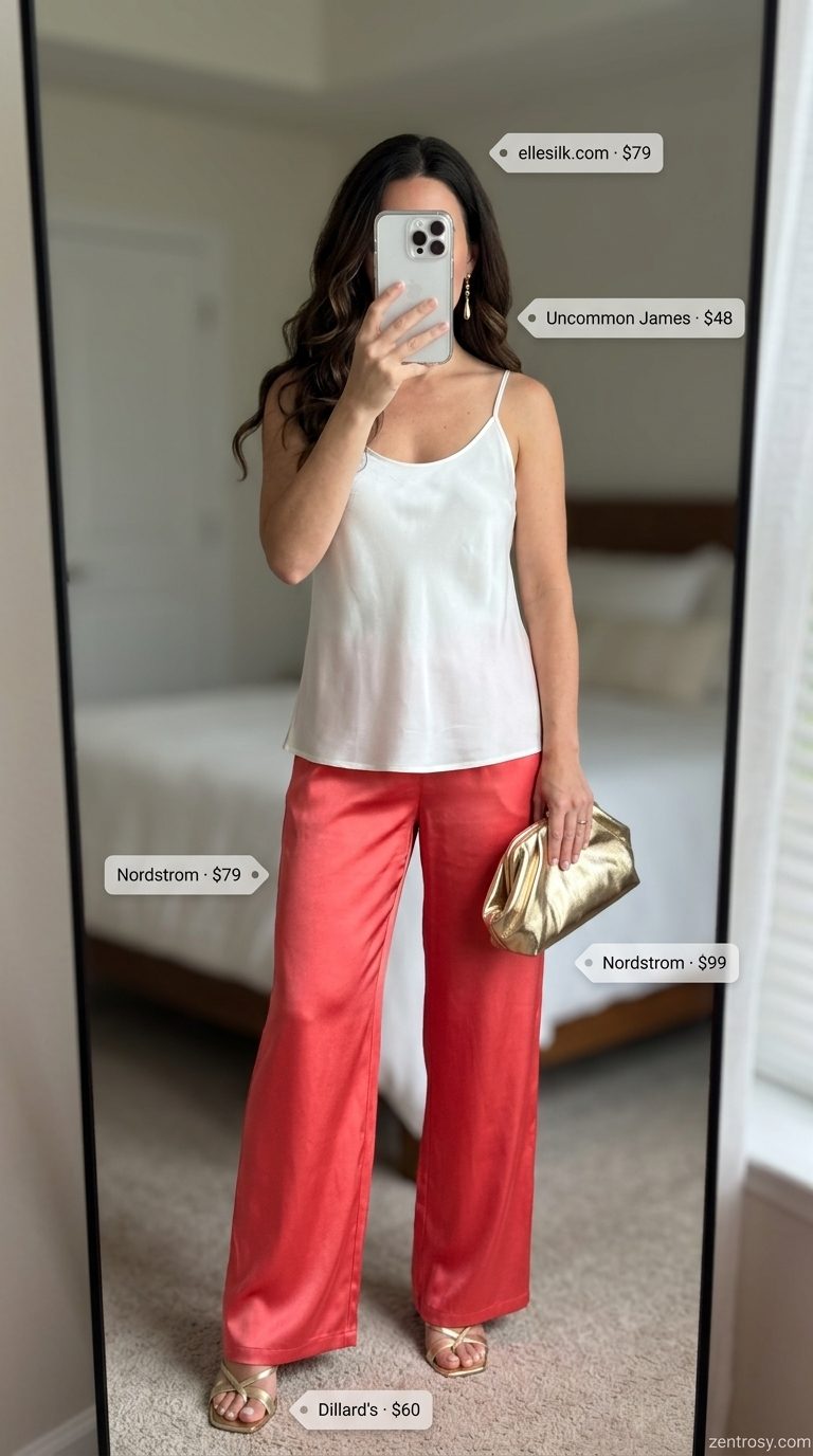Vibrant coral satin high-waist trousers with white silk cami & gold heels. Summer low-waist trousers for women 2026.
