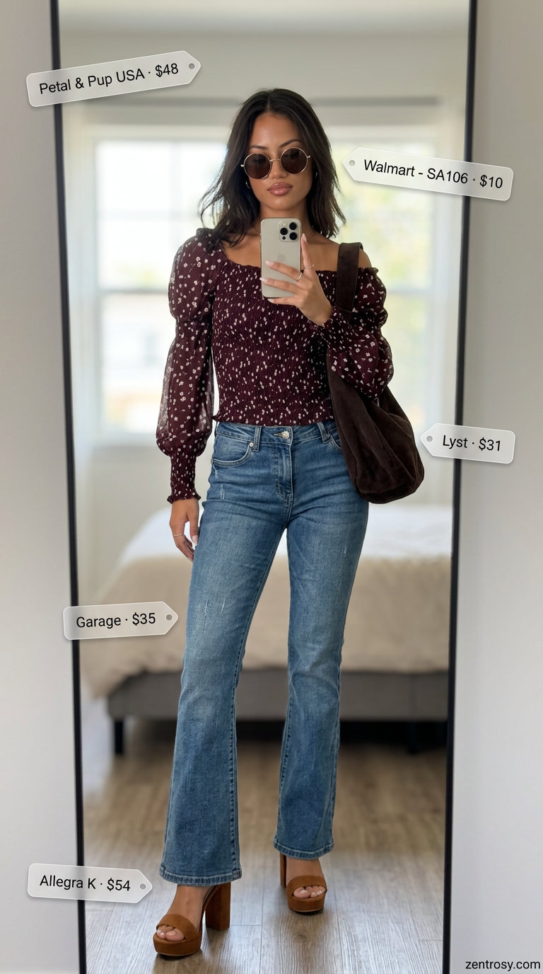 Medium wash denim low-waist trousers with floral blouse & platform sandals. Summer low-waist trousers for women 2026.