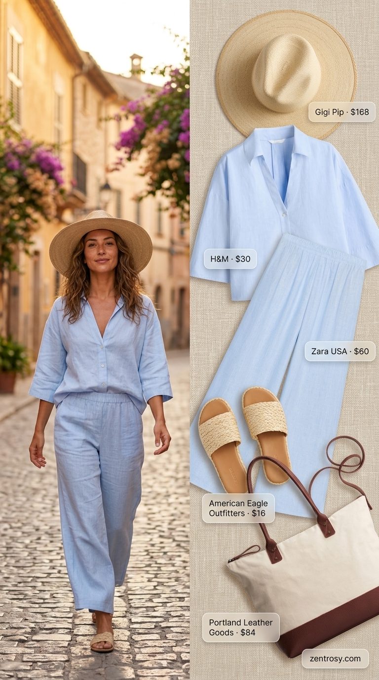 Pastel blue linen set with wide-leg trousers & espadrilles. Summer low-waist trousers for women 2026.