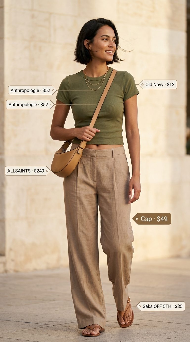 Casual cream low-rise linen trousers outfit for women 2026. Effortless beachside cafe style with crop top.