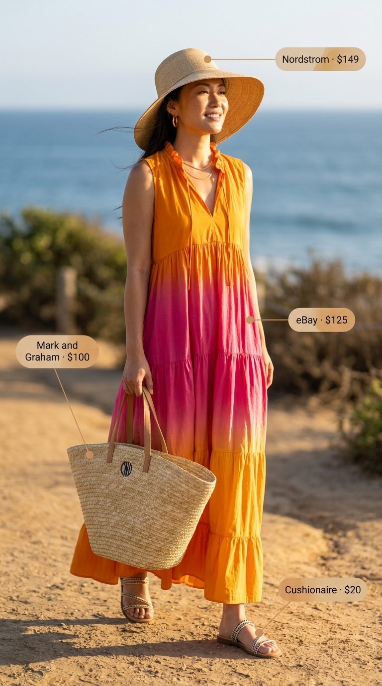 Ombré orange/pink/yellow maxi dress with straw hat & tote. Summer low-waist trousers for women 2026 alternative.
