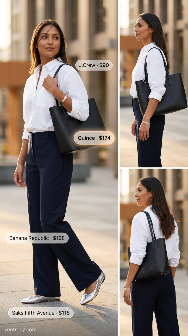 Modern minimalist navy trousers outfit for women 2026. Summer workwear with white oversized shirt & silver flats.