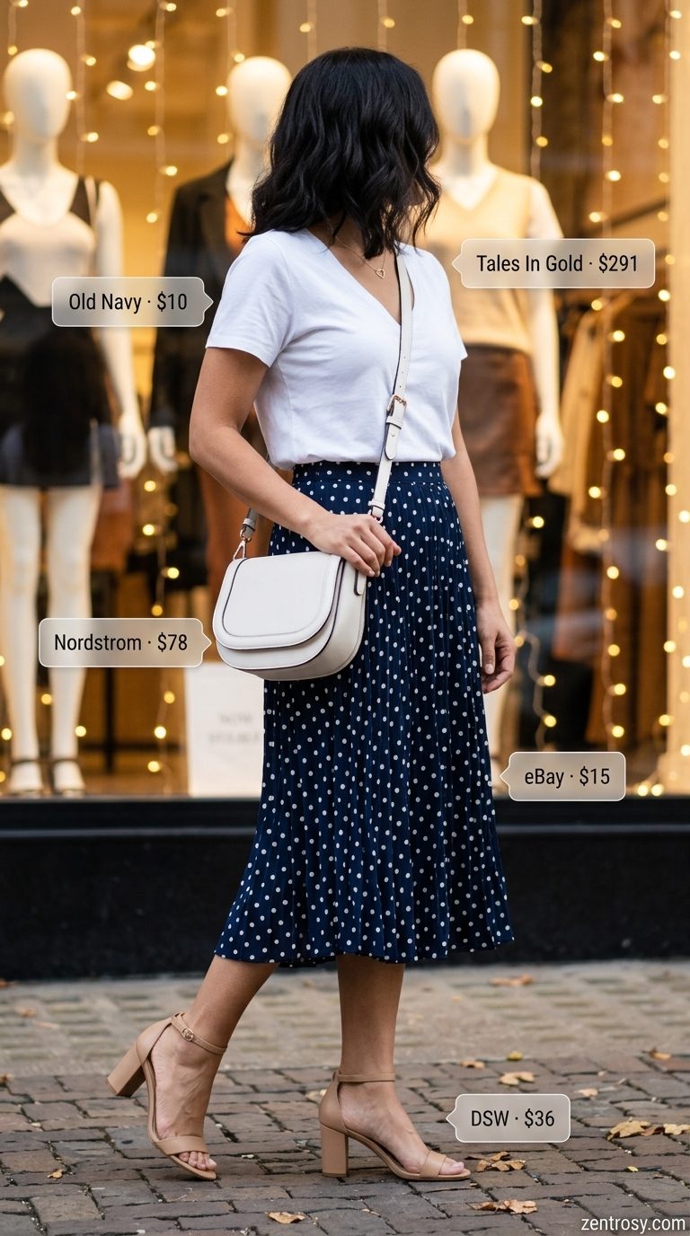 Playful navy polka dot midi skirt outfit for women 2026. Chic lunch date style with white tee & block heels.