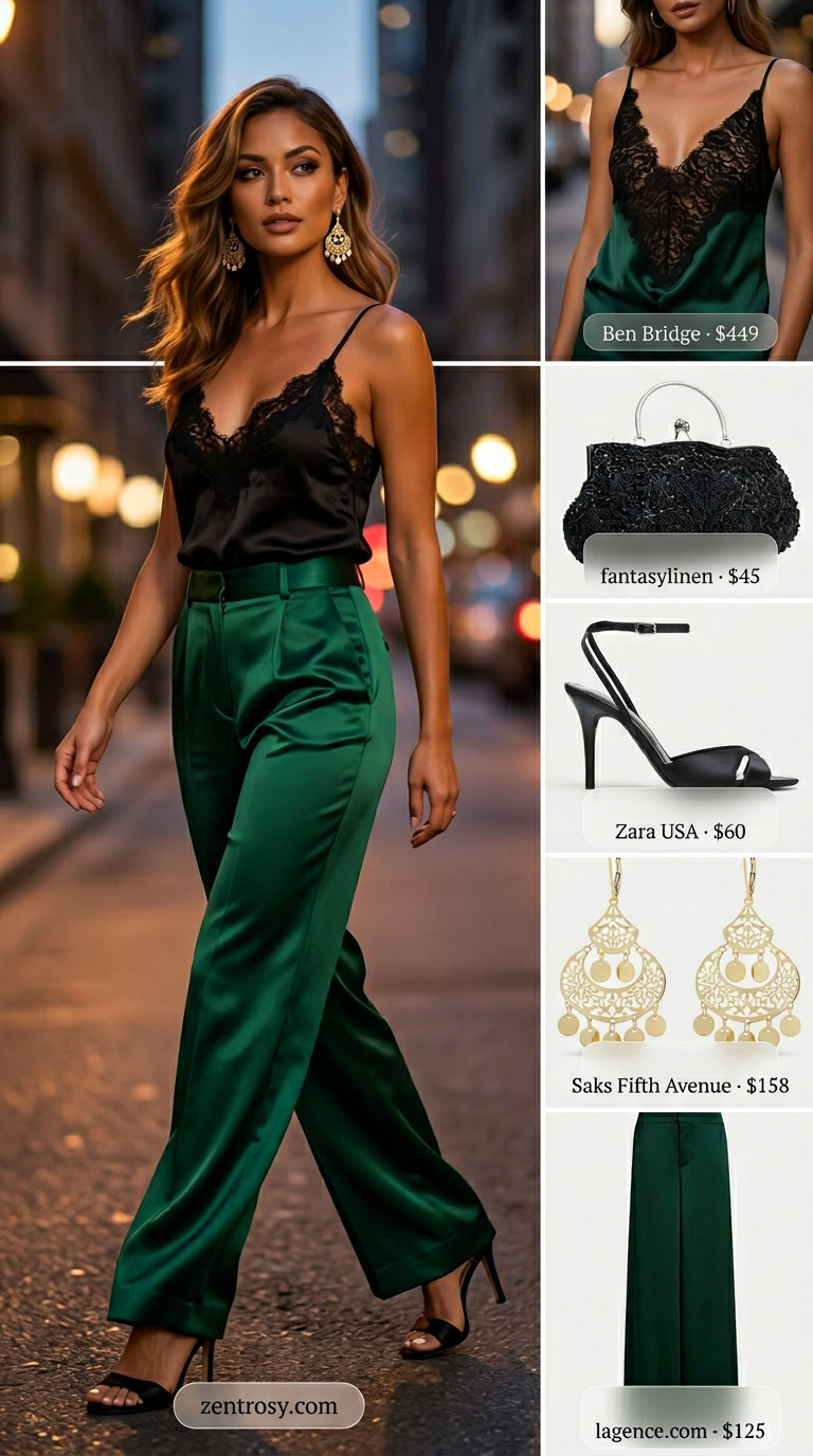 Emerald green satin high-waist trousers with black cami & heels. Summer low-waist trousers for women 2026 alternative.