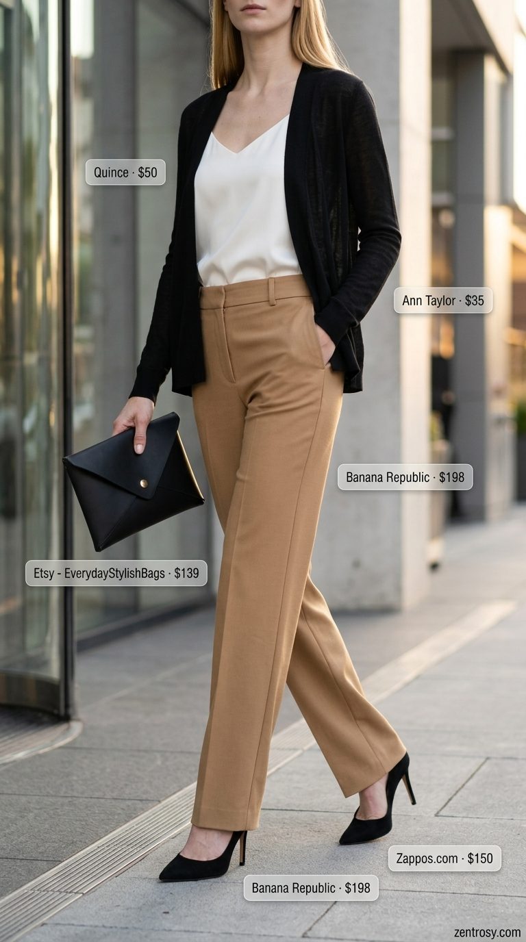 Elegant camel high-waisted trousers outfit for women 2026. Sophisticated evening wear with black heels.