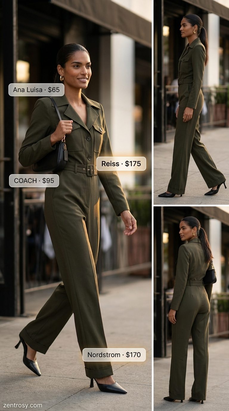 Sophisticated olive green utility jumpsuit for women 2026. Effortless summer evening wear with black heels.
