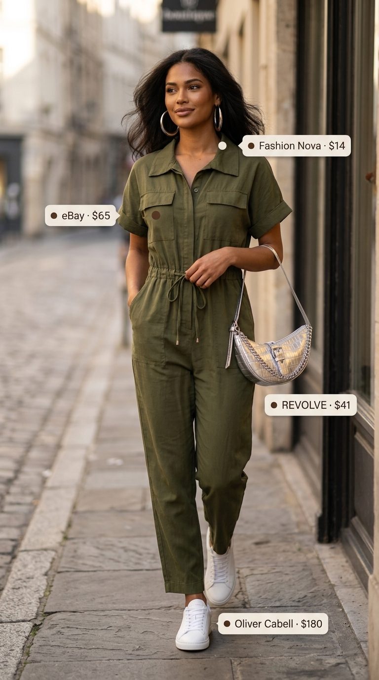 Khaki green utility jumpsuit with white sneakers & silver accessories. Summer low-waist trousers for women 2026 style.